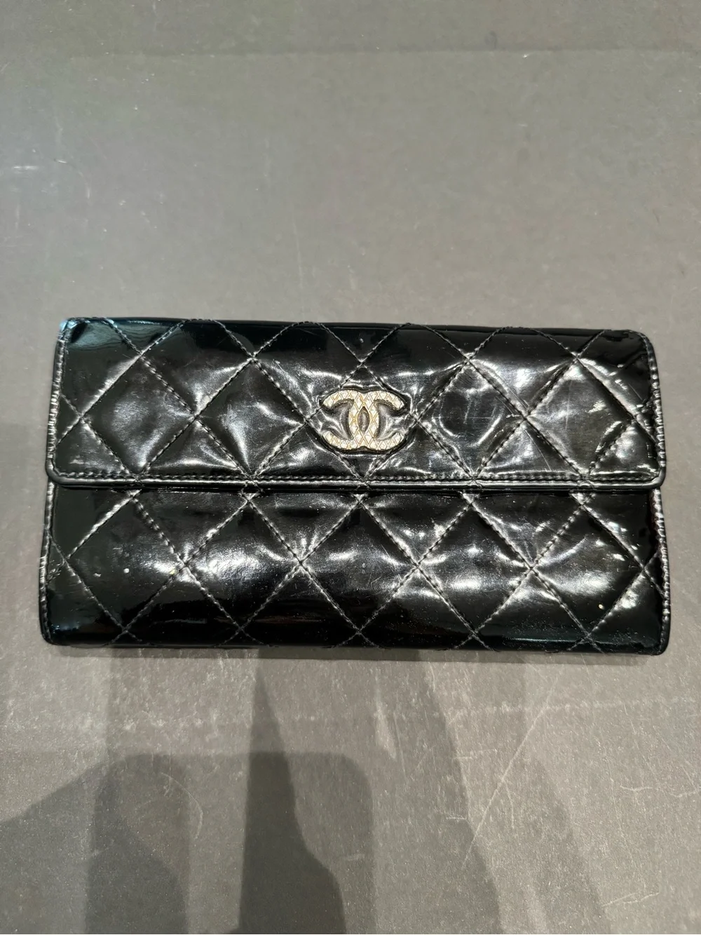 CHANEL WALLET Black Quilted Patent Leather Long wallet with Silver CC